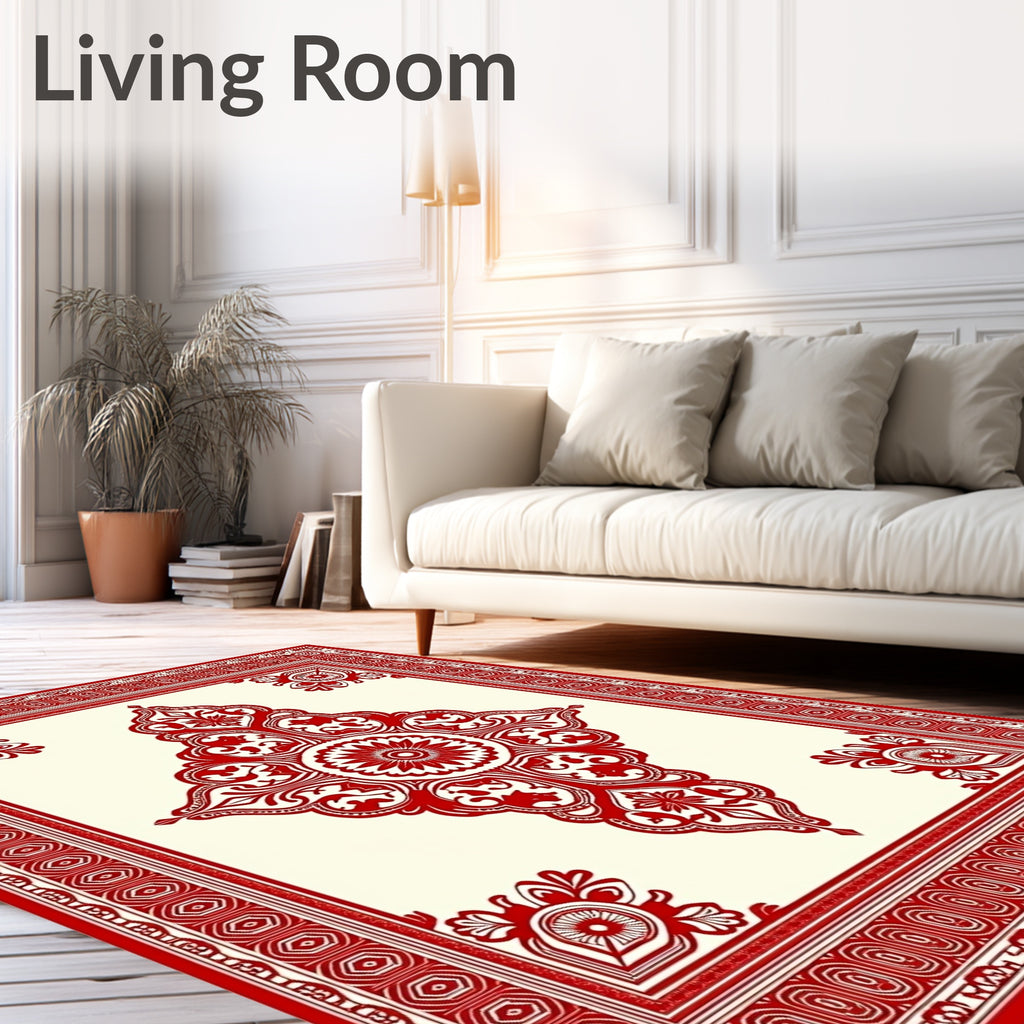 Crimson Red Floral Medallion Frame Rug