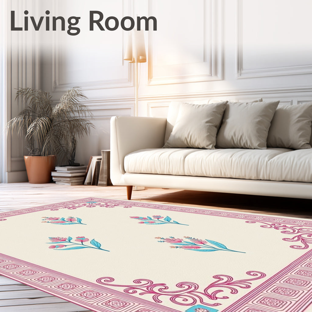 Pink Floral Scroll Cream Border Rug