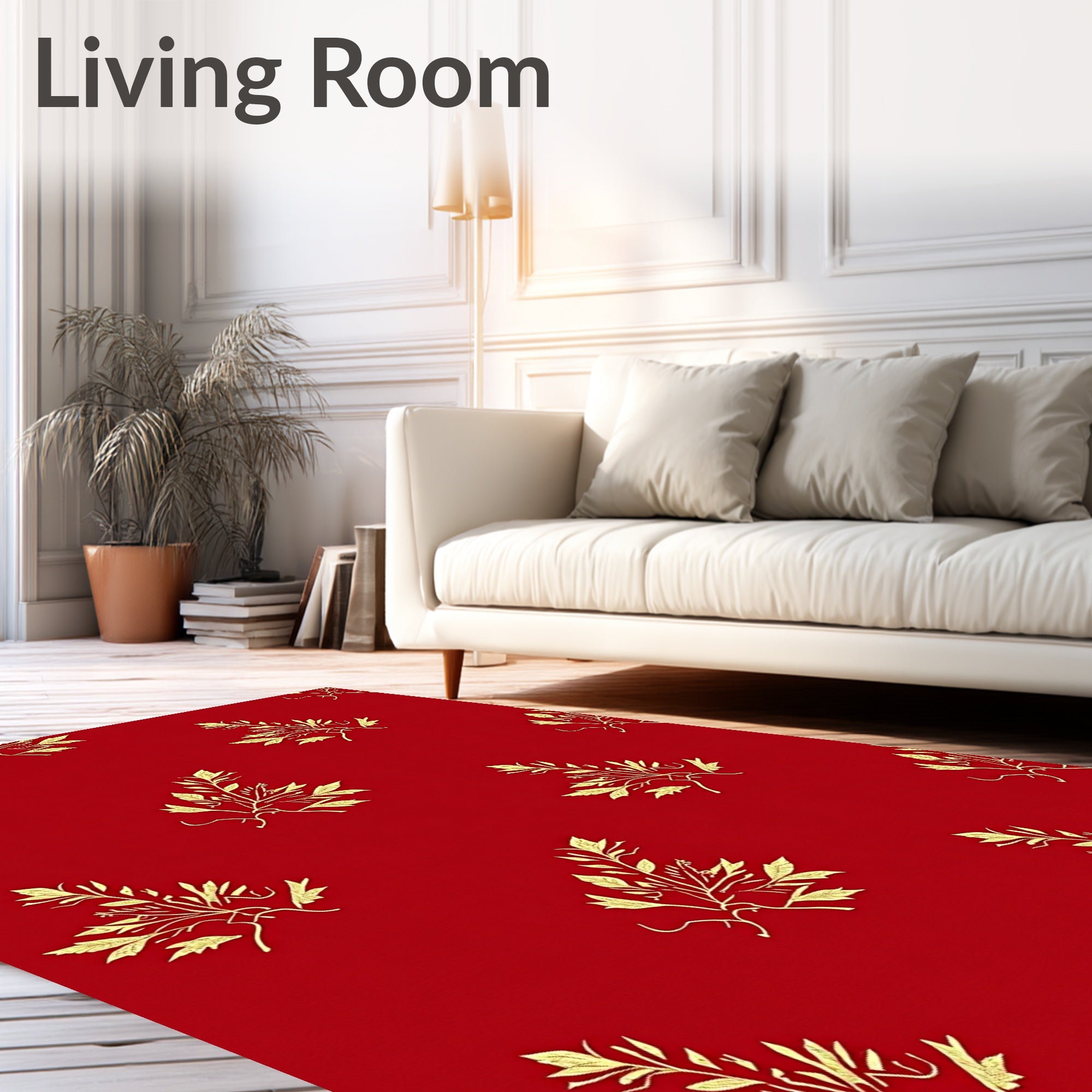Golden Leaf Scatter on Crimson Rug