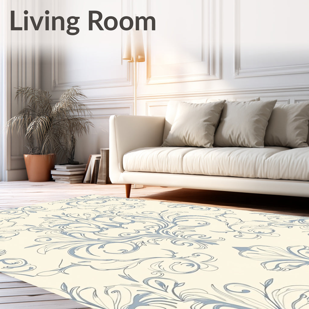 Cream Blue Classic Scroll Floral Rug