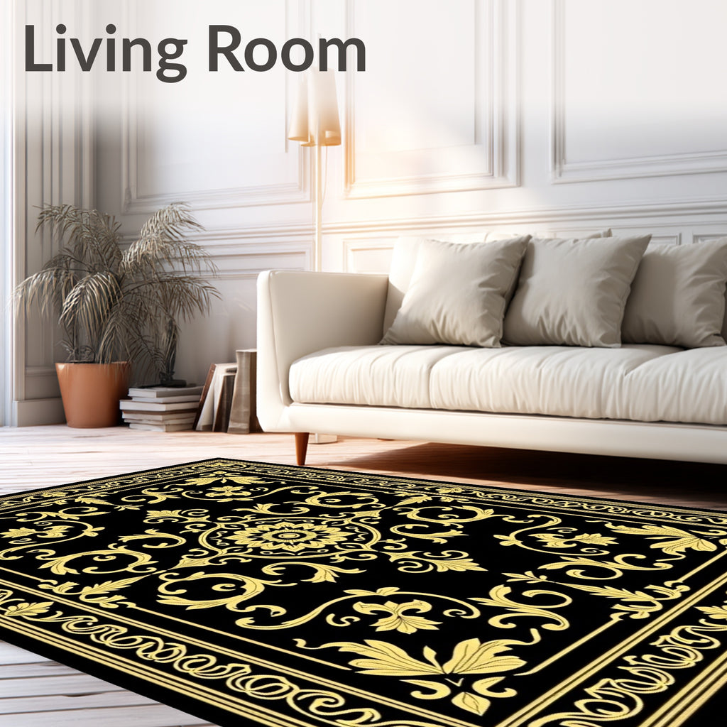 Black Yellow Ornate Floral Scroll Rug