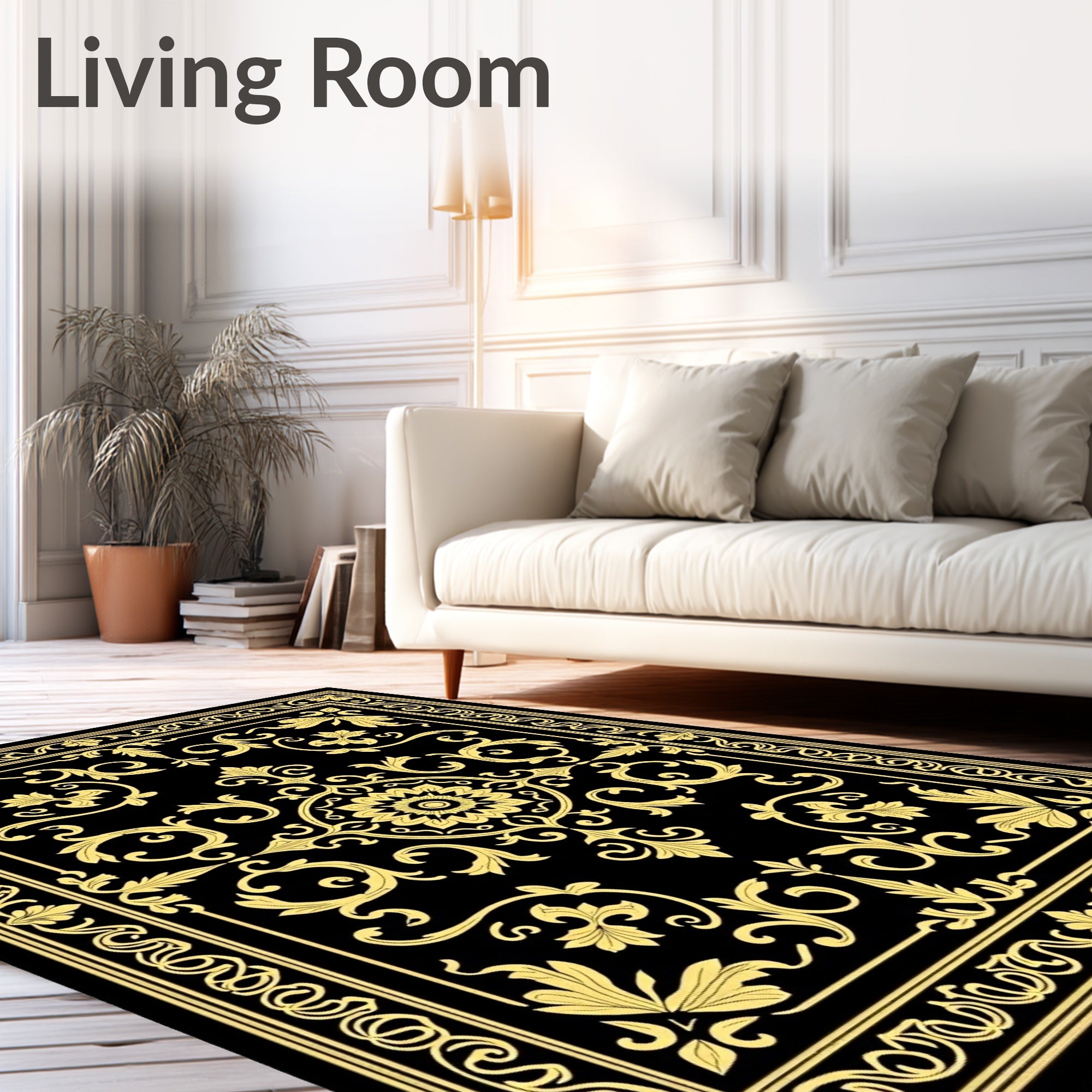Black Yellow Ornate Floral Scroll Rug