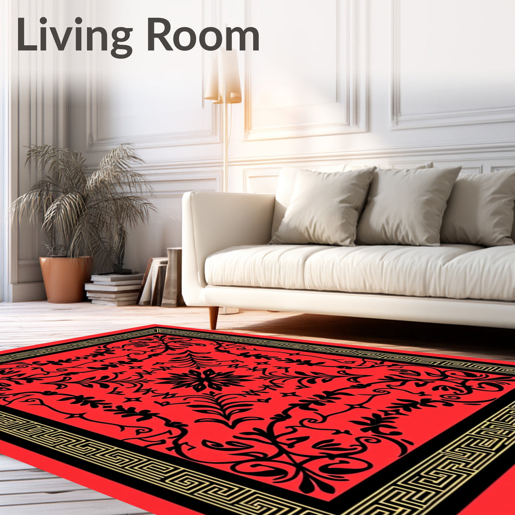 Red Black Floral Geometric Border Rug