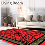 Red Black Floral Geometric Border Rug