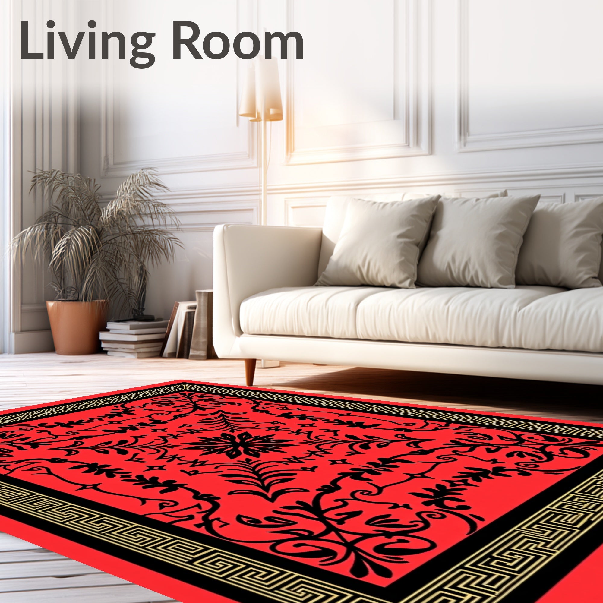 Red Black Floral Geometric Border Rug