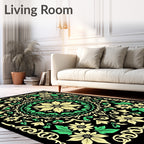 Bright Yellow Green Floral Mandala Black Rug
