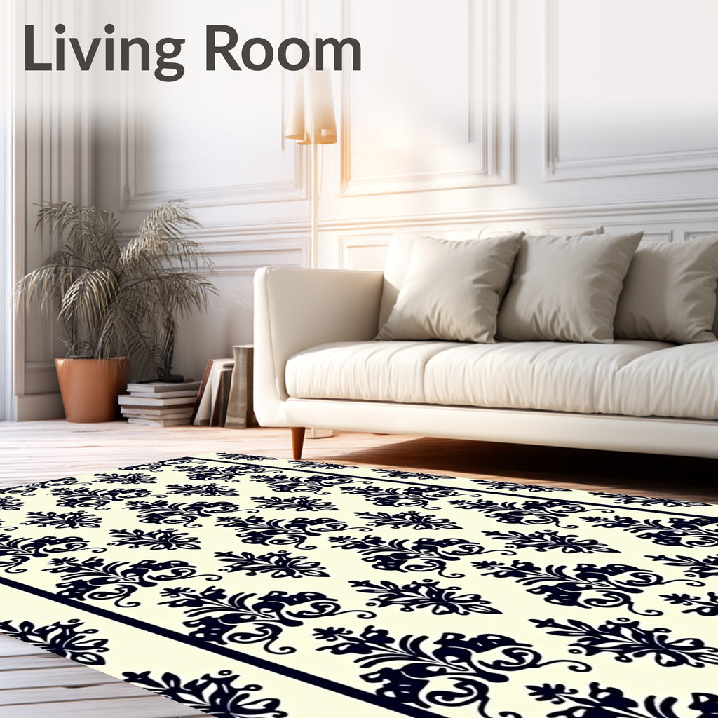 Black Damask Scrollwork Ivory Background Rug