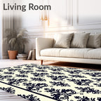 Black Damask Scrollwork Ivory Background Rug