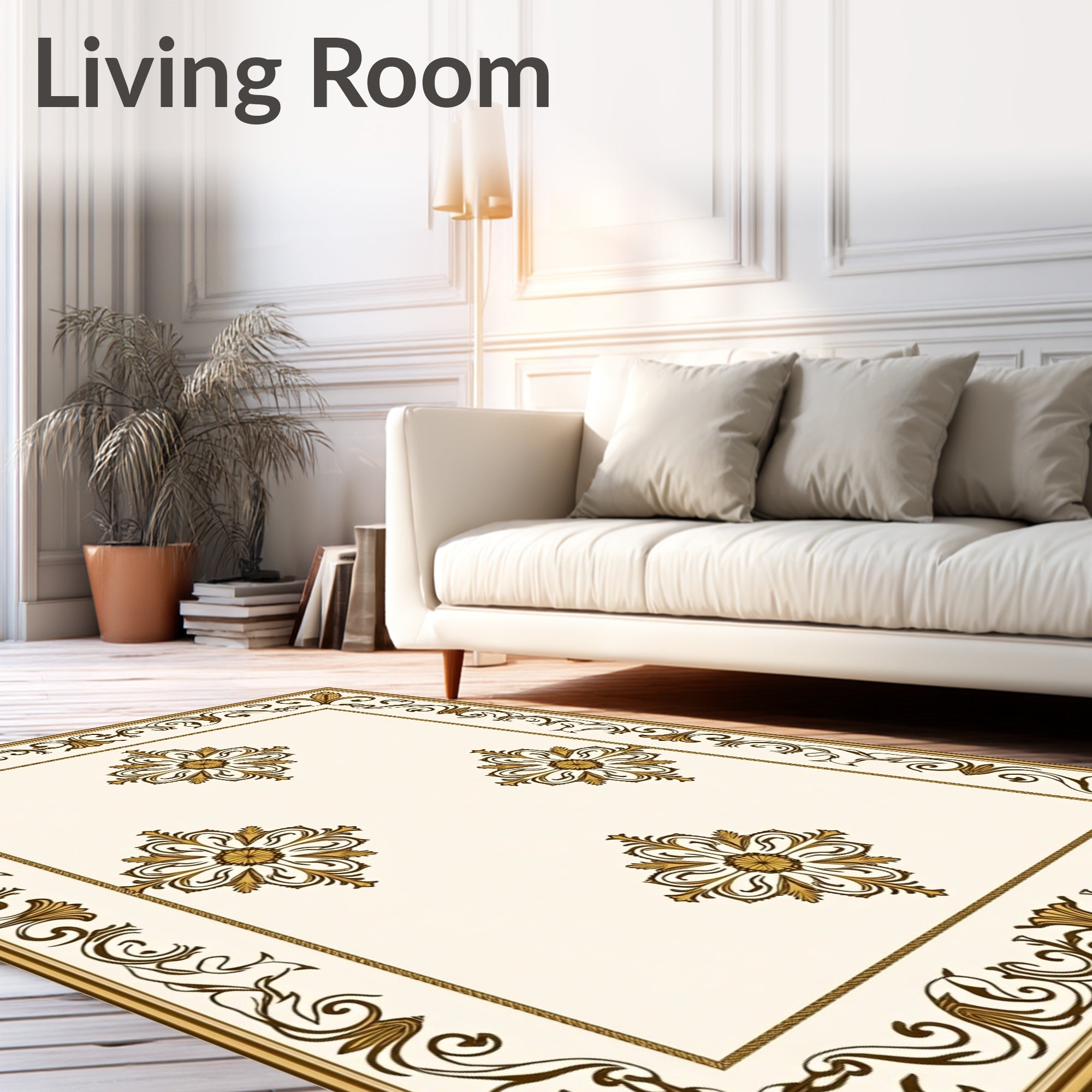 Cream Gold Scroll Floral Medallion Rug