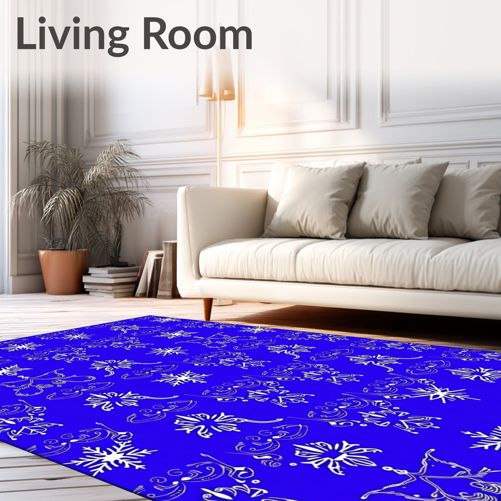 White Snowflake Scrollwork on Royal Blue Rug