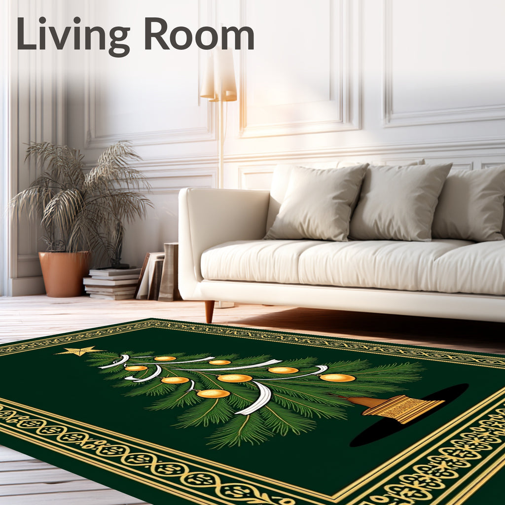 Evergreen Tree Gold Ornament Border Rug