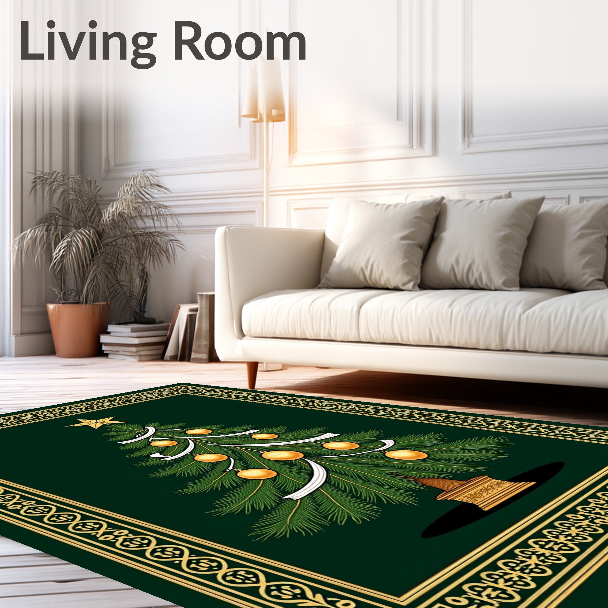 Evergreen Tree Gold Ornament Border Rug