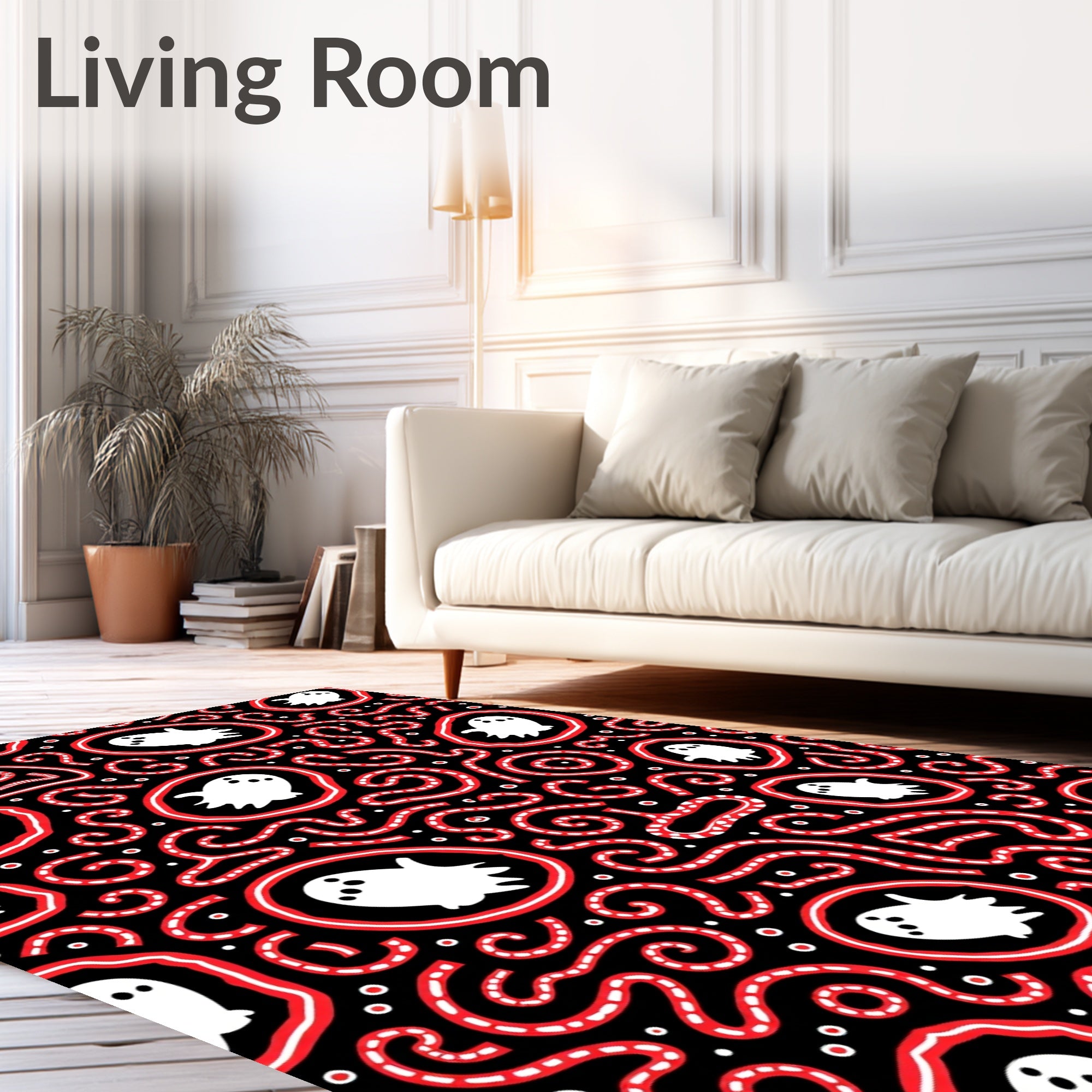 Spooky Ghosts Red Swirls Black Rug