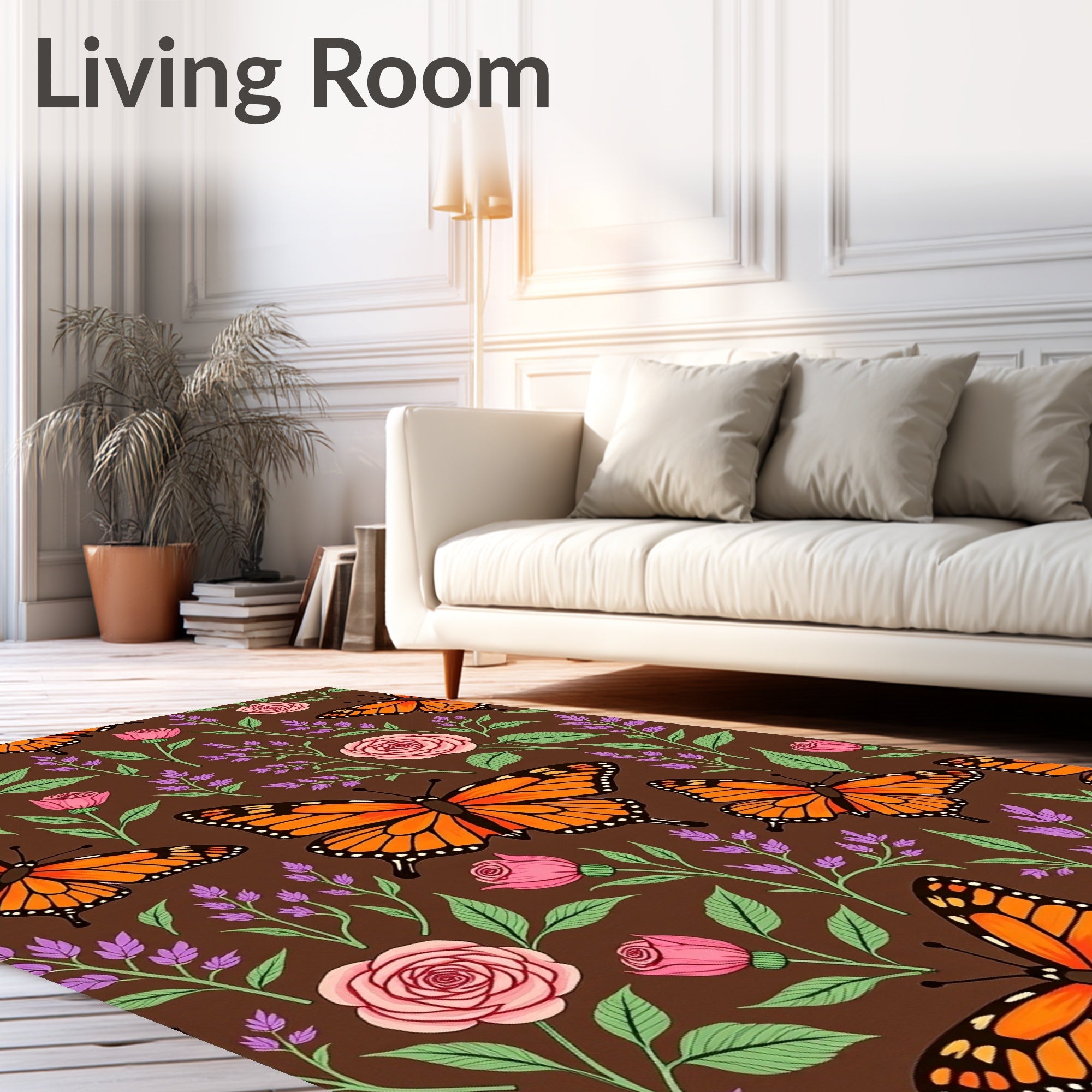 Orange Monarch Butterflies Pink Roses Lavender Rug