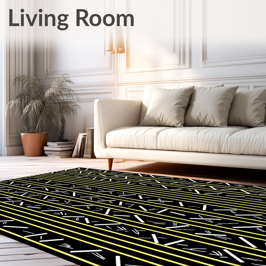 Black Yellow Stripped Abstract Shapes Rug