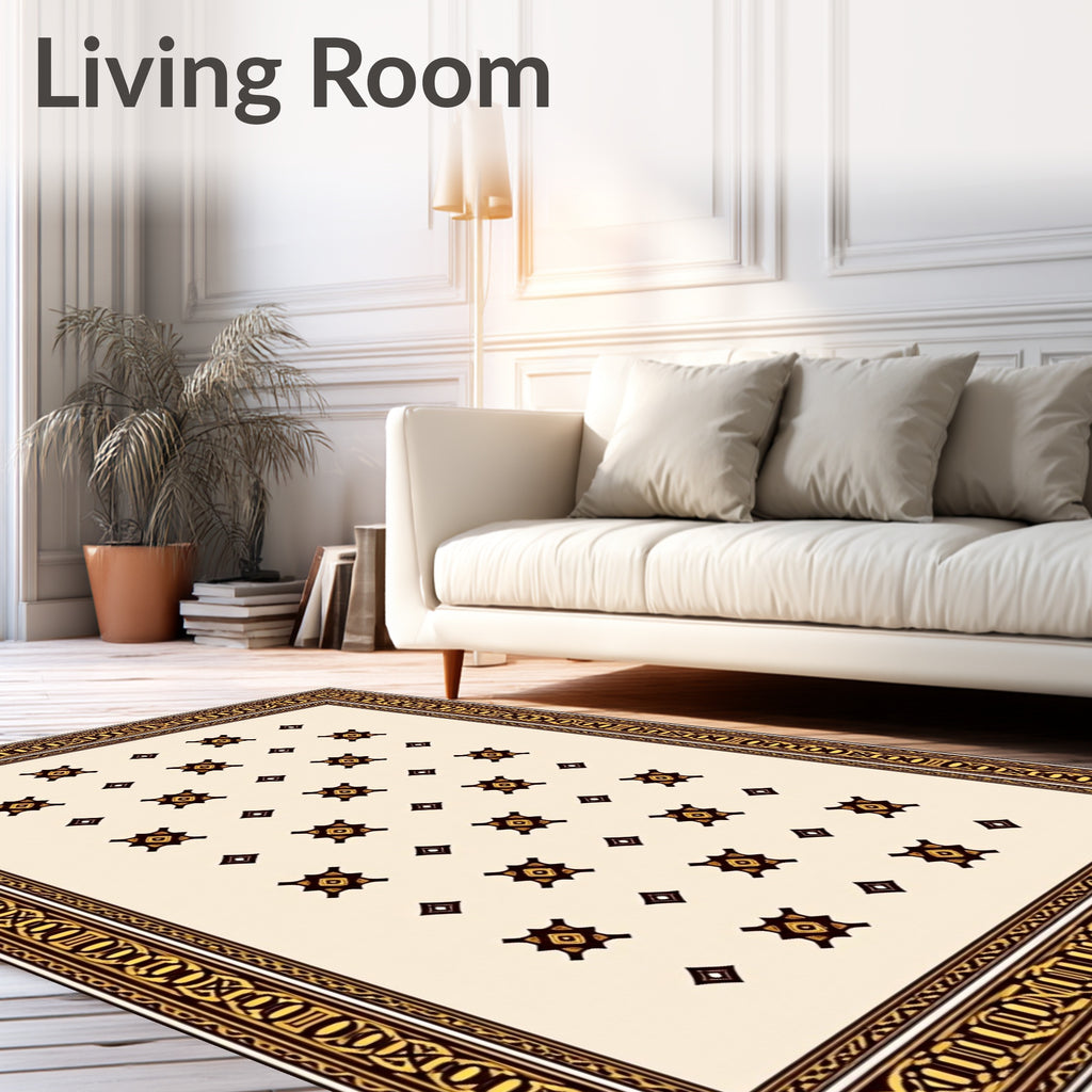 Cream and Gold Ornate Geometric Rug