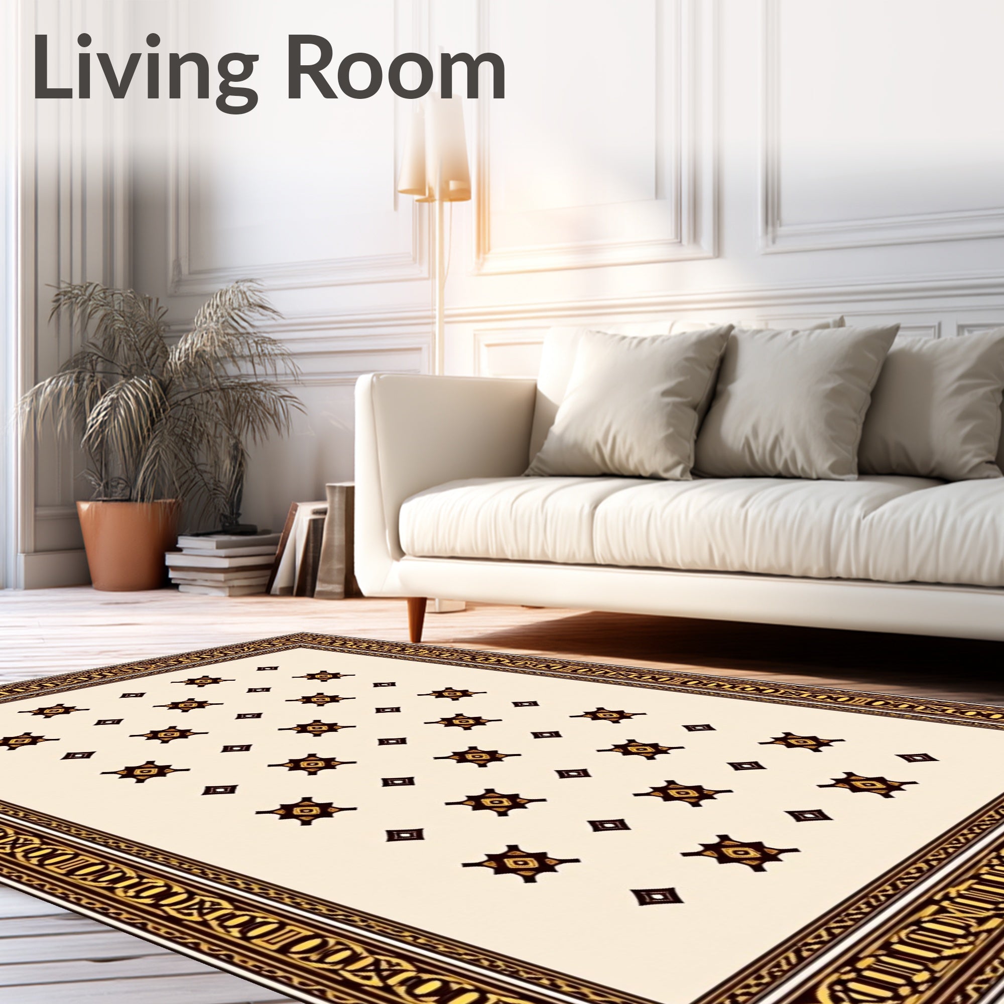Cream and Gold Ornate Geometric Rug