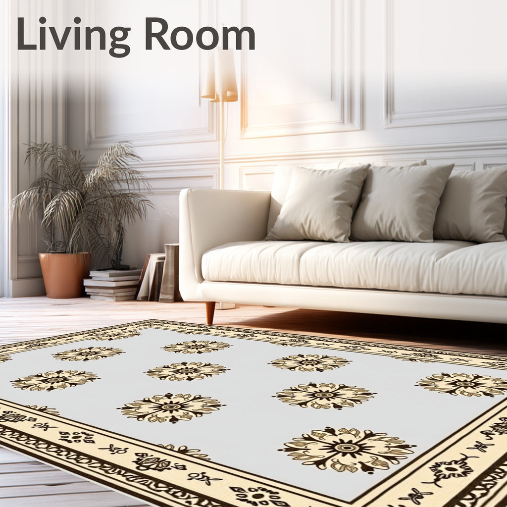 Light Blue Beige Floral Medallion Border Rug