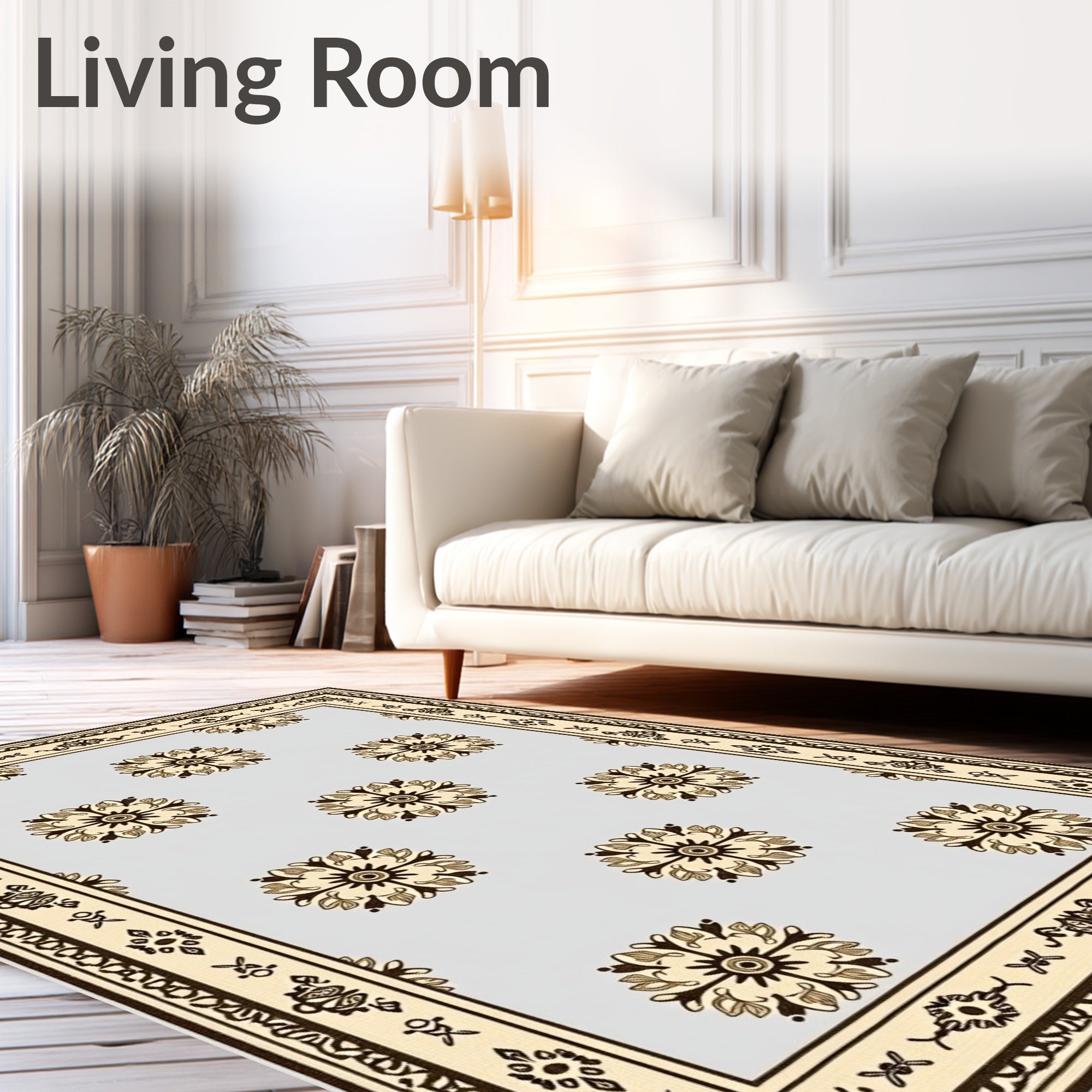 Light Blue Beige Floral Medallion Border Rug