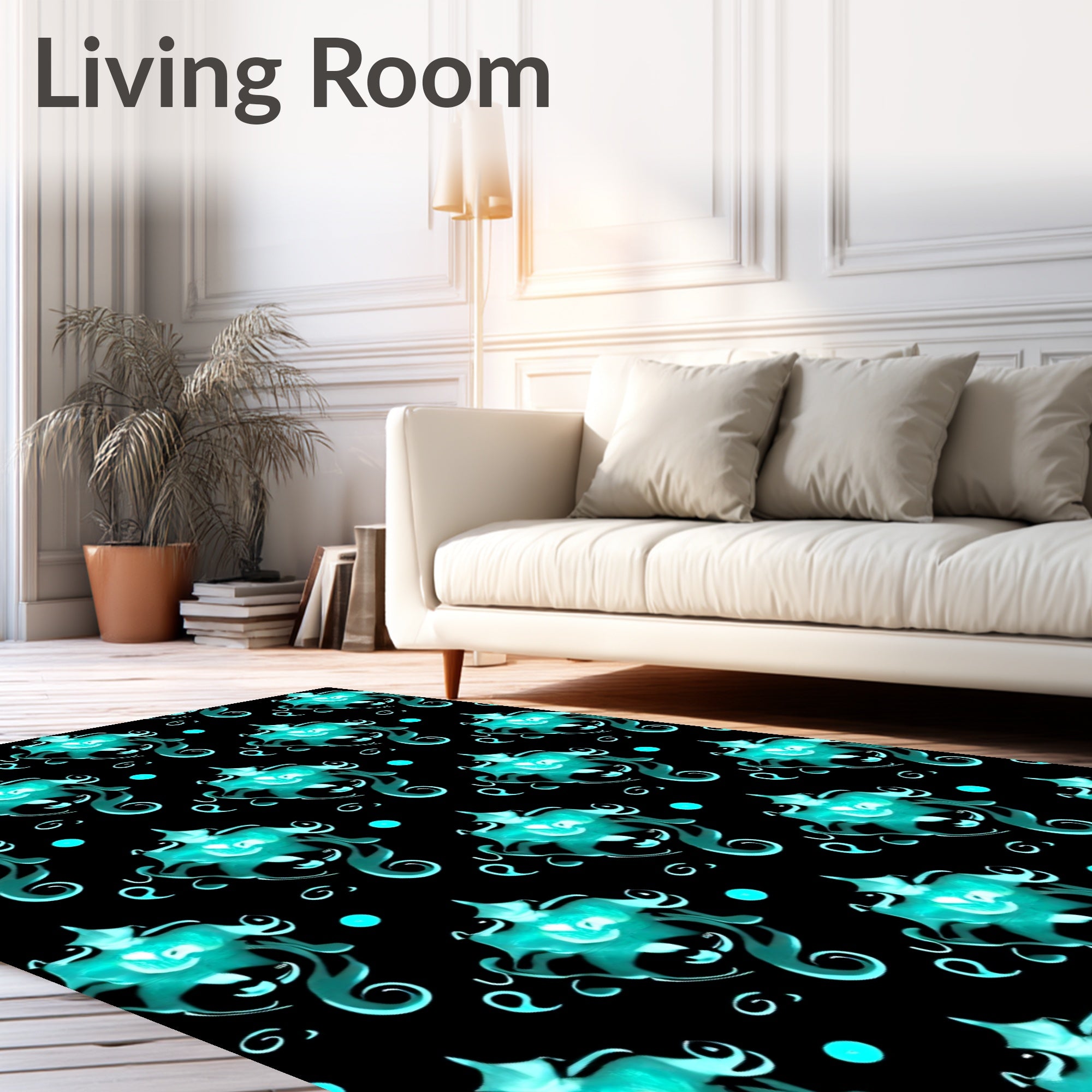 Aquatic Teal Bioluminescent Floral Swirls Rug
