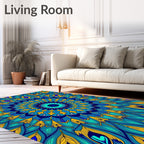Vibrant Teal Yellow Feather Mandala Rug