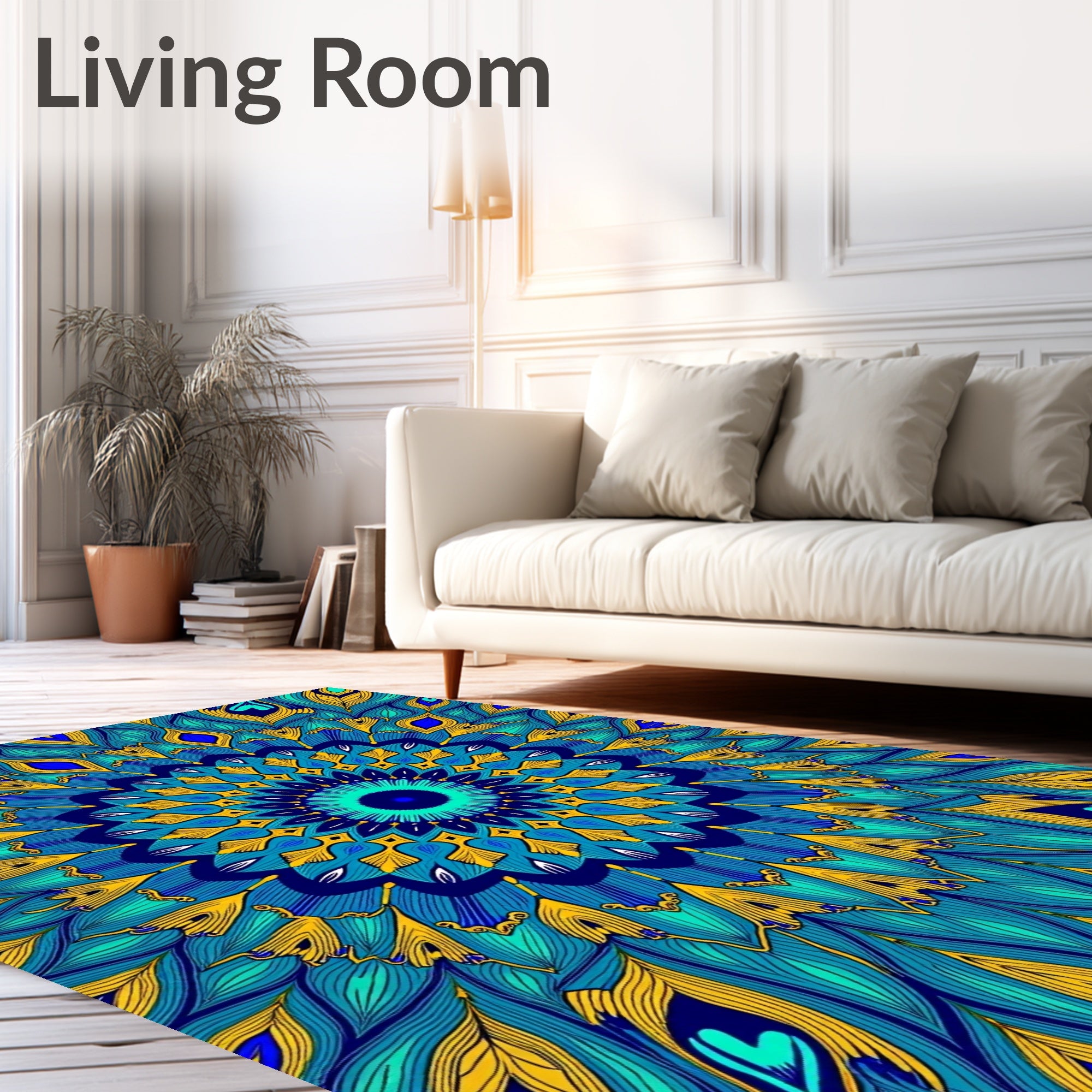 Vibrant Teal Yellow Feather Mandala Rug