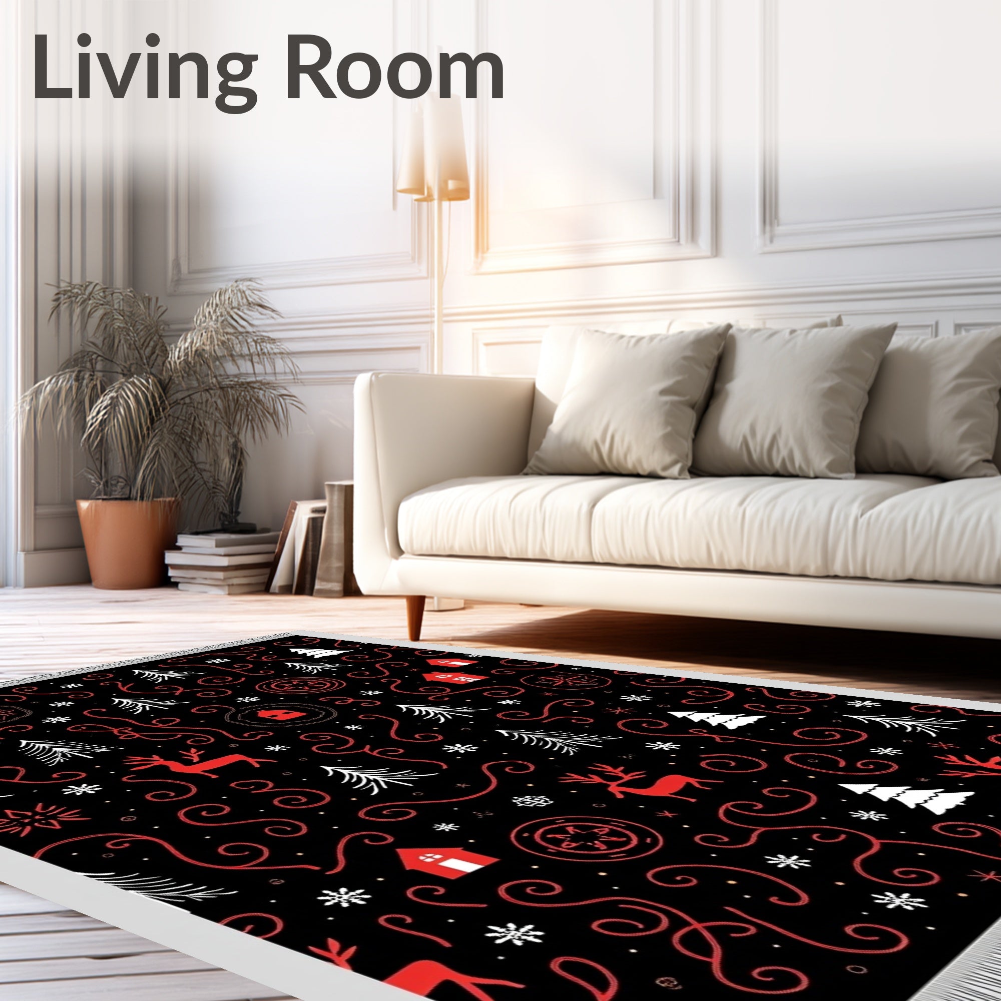 Red White Reindeer Christmas Trees Rug