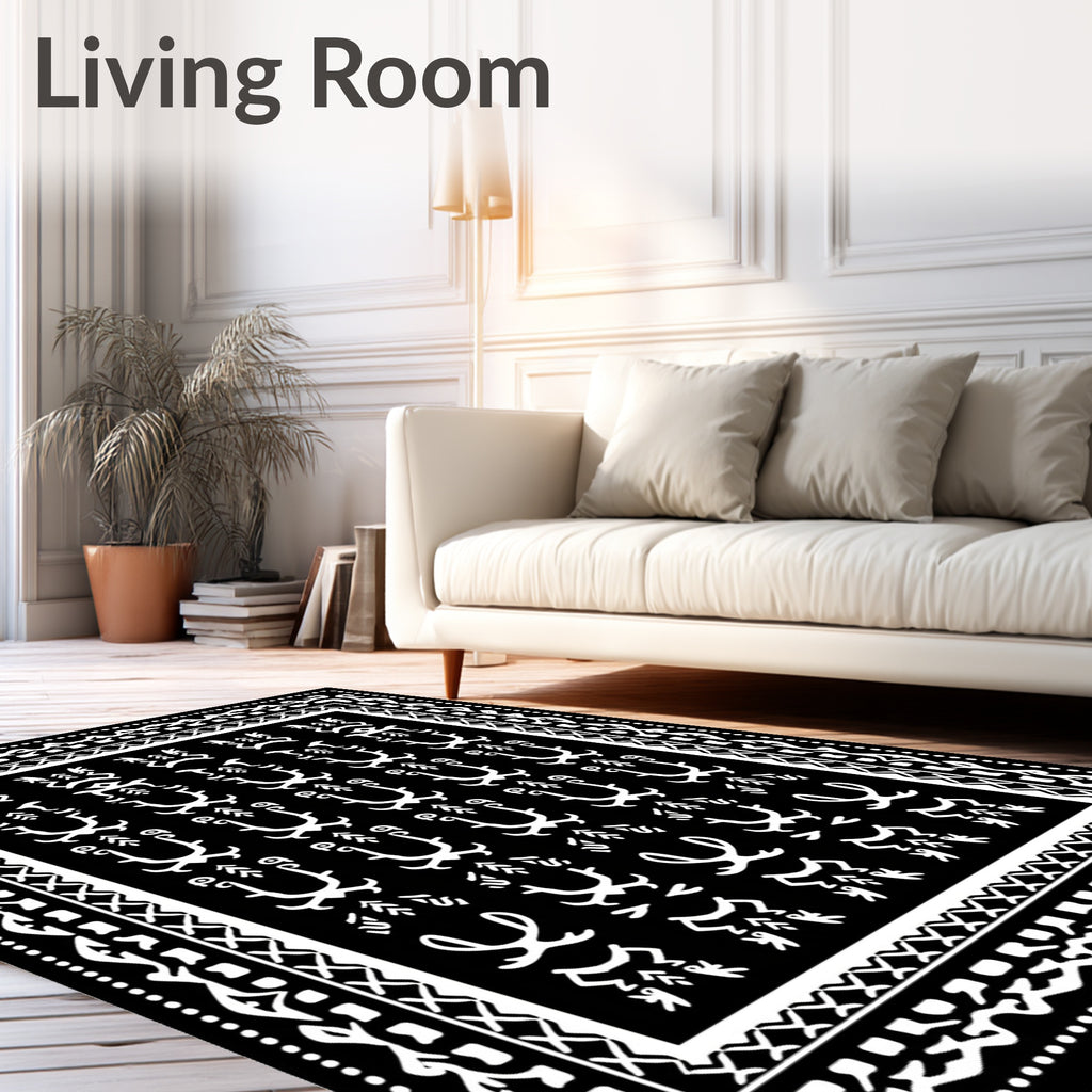 Tribal Black White Figures Border Rug