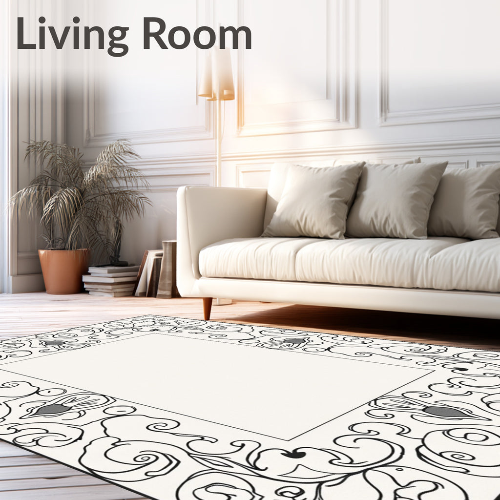 Elegant Black Outline Floral Scroll Frame Rug