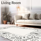 Elegant Black Outline Floral Scroll Frame Rug