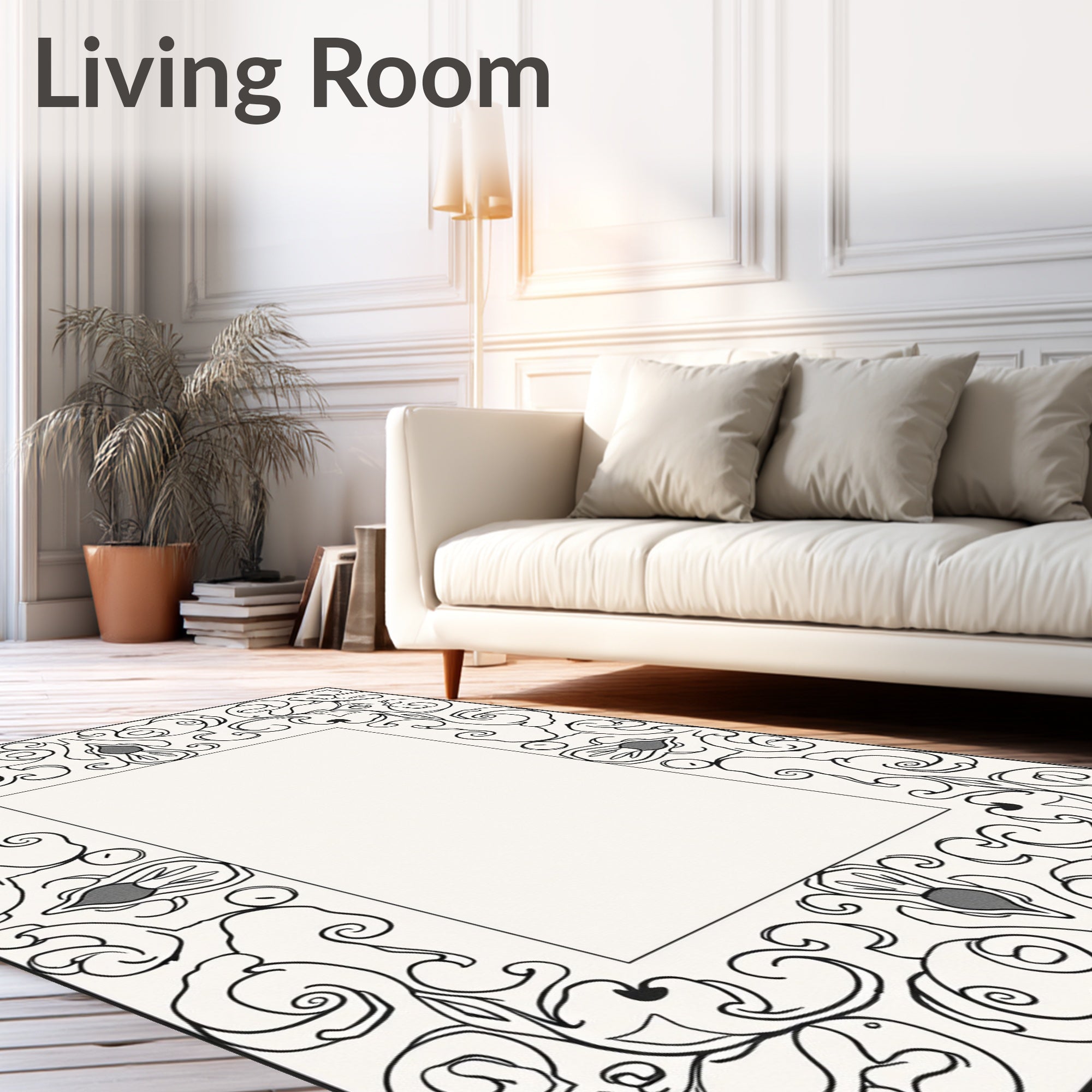 Elegant Black Outline Floral Scroll Frame Rug