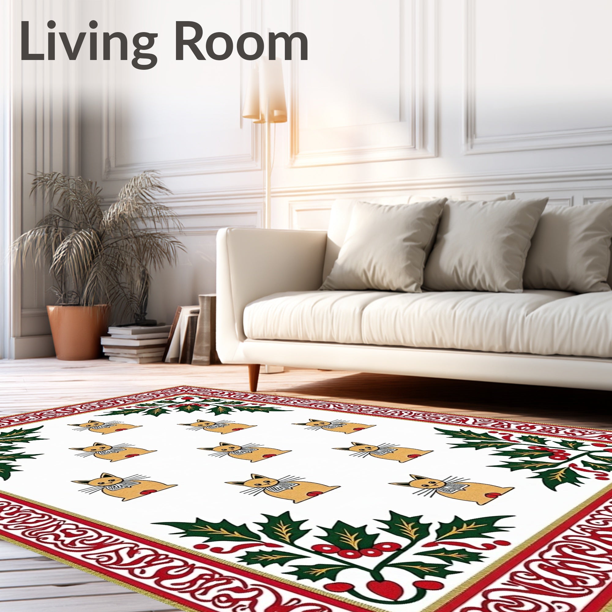 Crimson Holly Cat Border Arrangement Rug