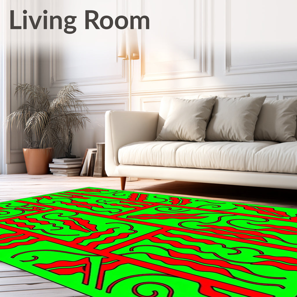 Bold Red Green Wavy Geometric Rug