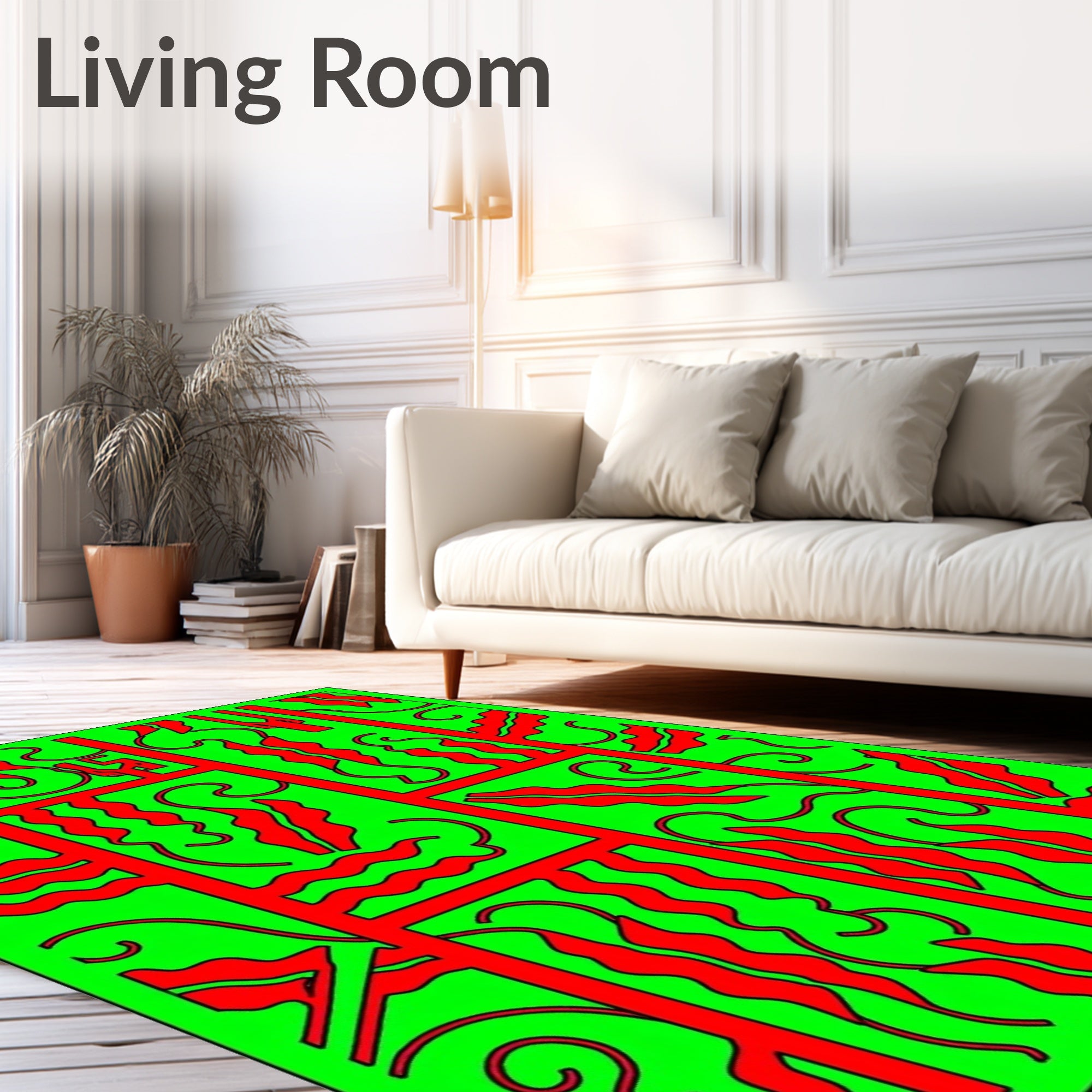 Bold Red Green Wavy Geometric Rug