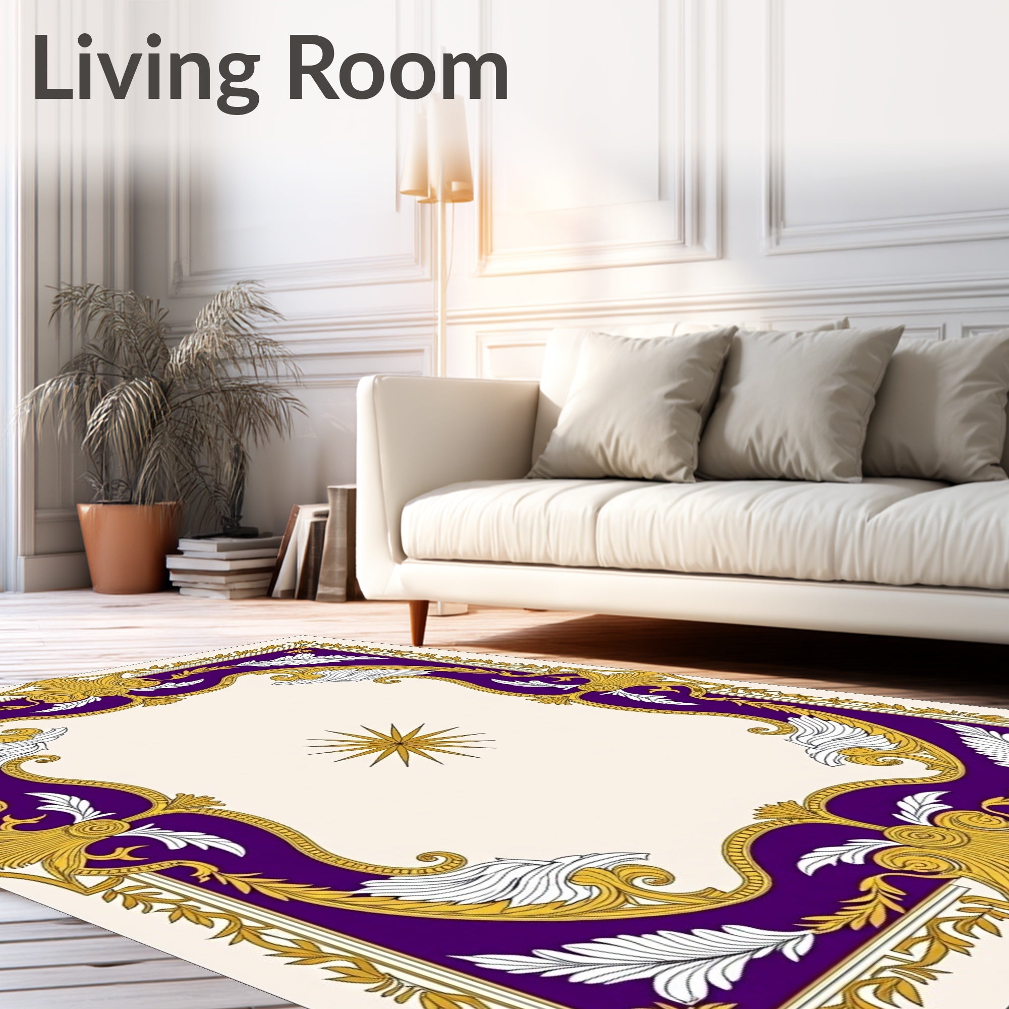 Ornate Purple Gold Acanthus Leaf Frame Rug