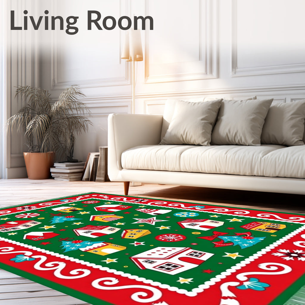 Festive Red Green Village Christmas Rug