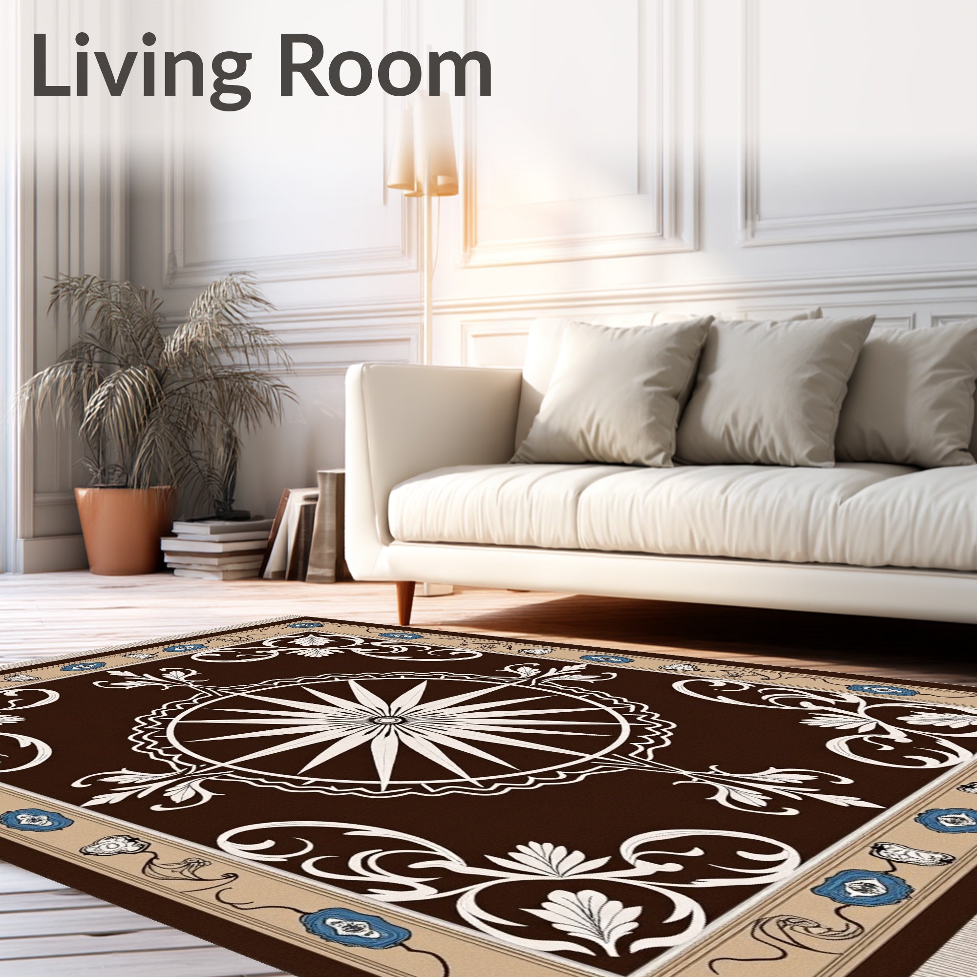 Brown Cream White Blue Floral Starburst Rug