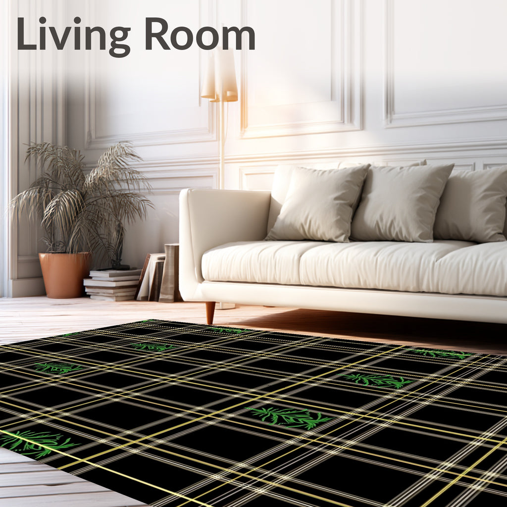 Black Gold Green Plaid Evergreen Tree Rug