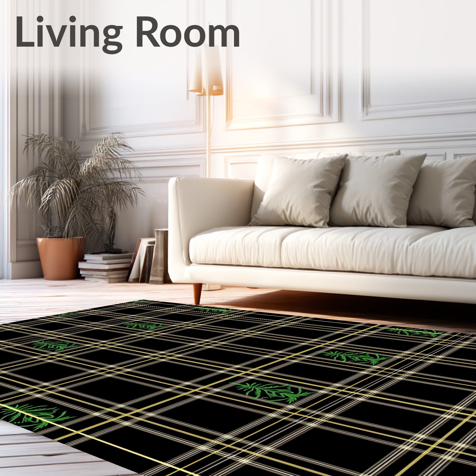 Black Gold Green Plaid Evergreen Tree Rug