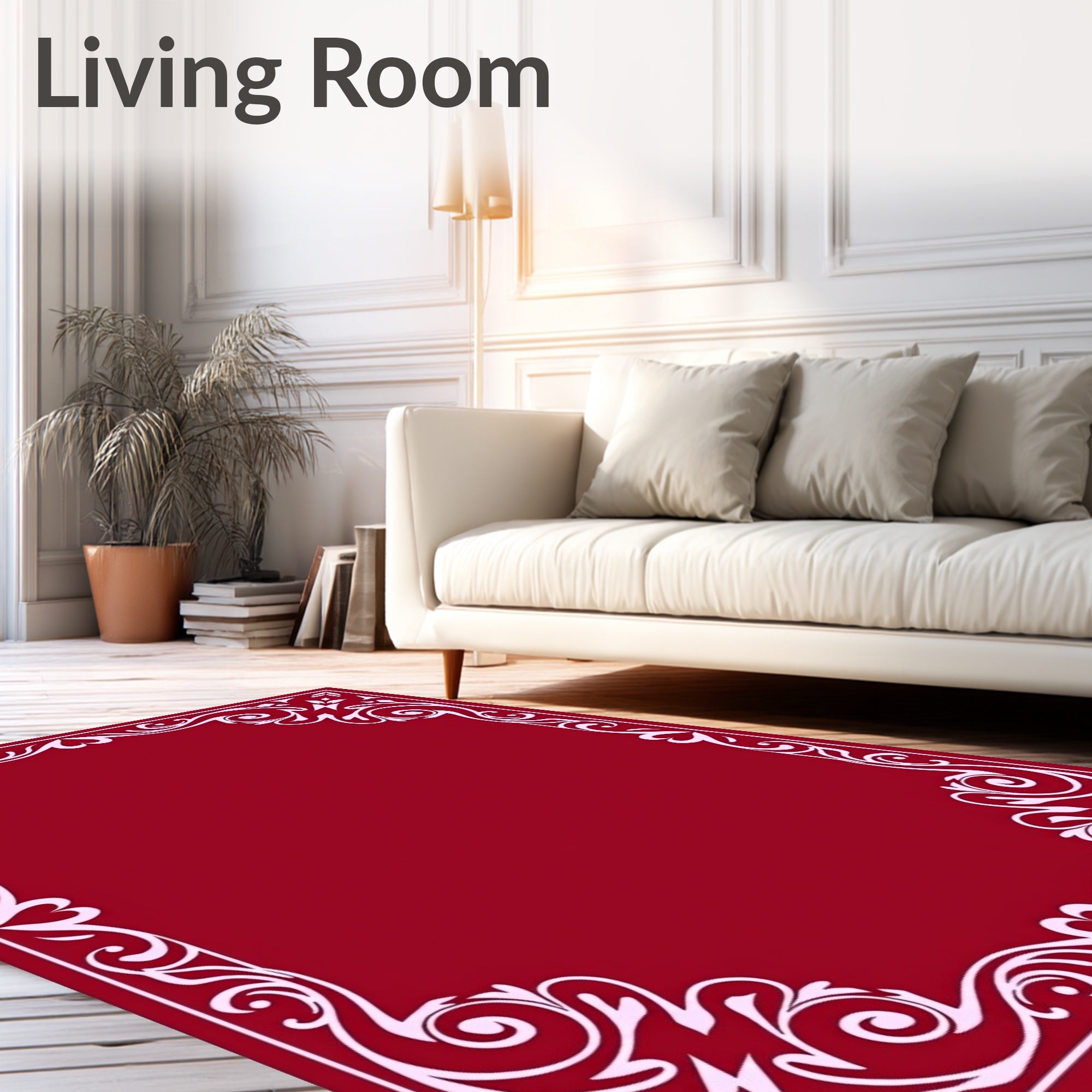 Crimson Vine Heart Scroll Border Rug