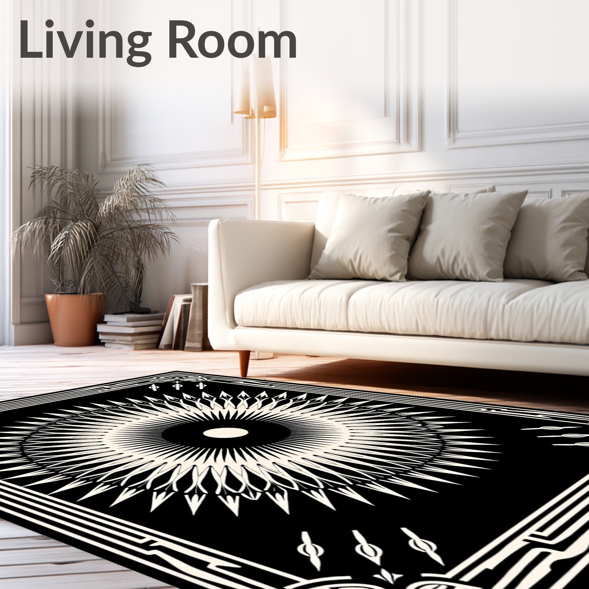 Black Cream Sunburst Geometric Rug