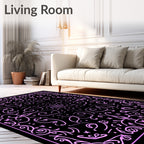 Pink Floral Scrollwork Black Rug