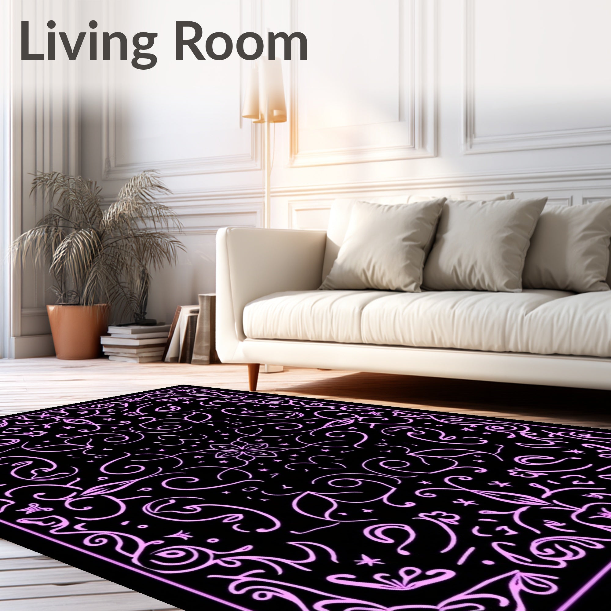 Pink Floral Scrollwork Black Rug