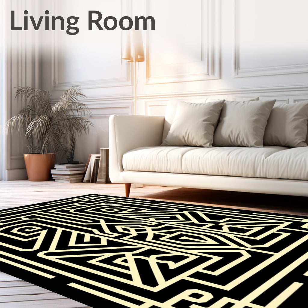 Cream Black Geometric Maze Rug
