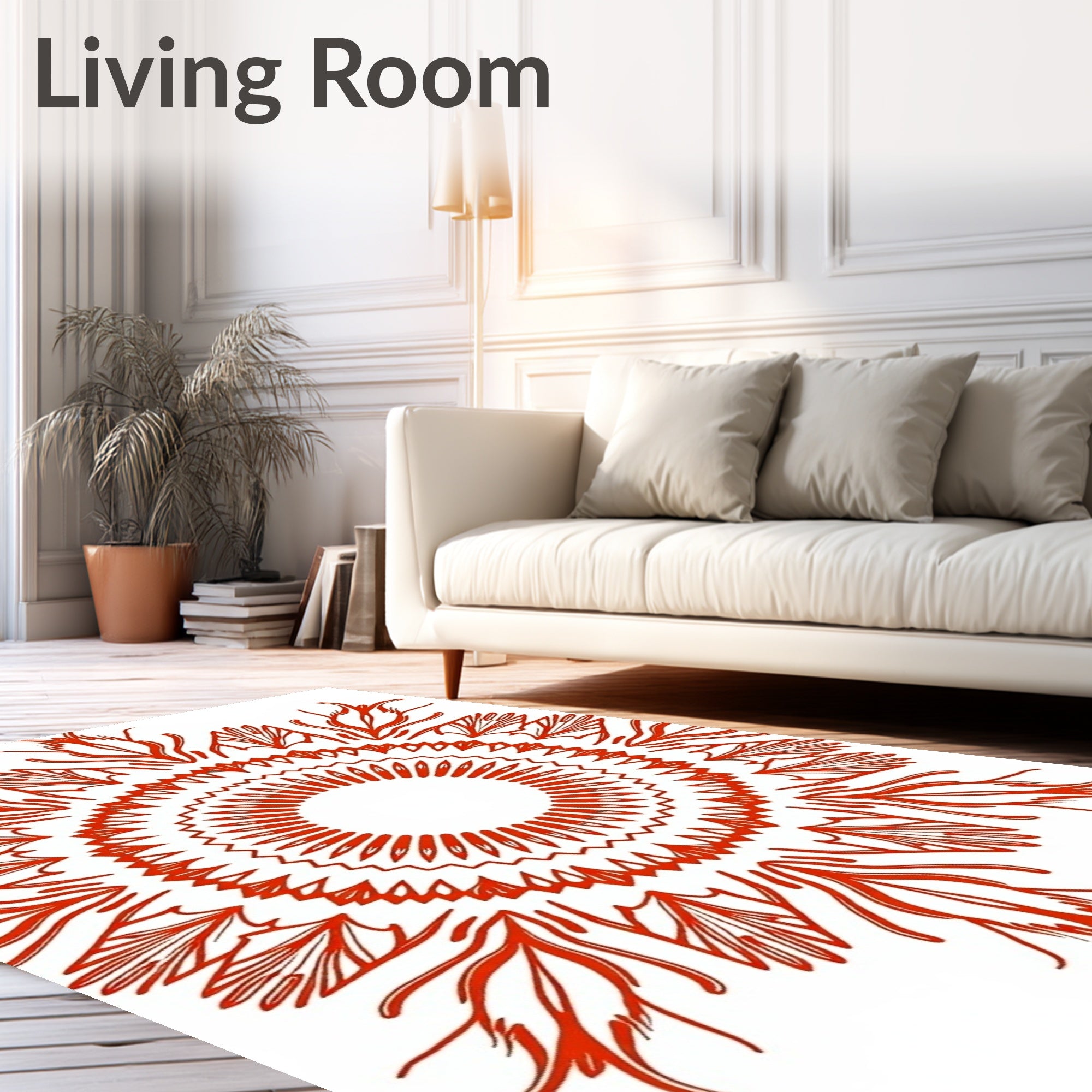 Fiery Red Radial Sunburst Mandala Rug