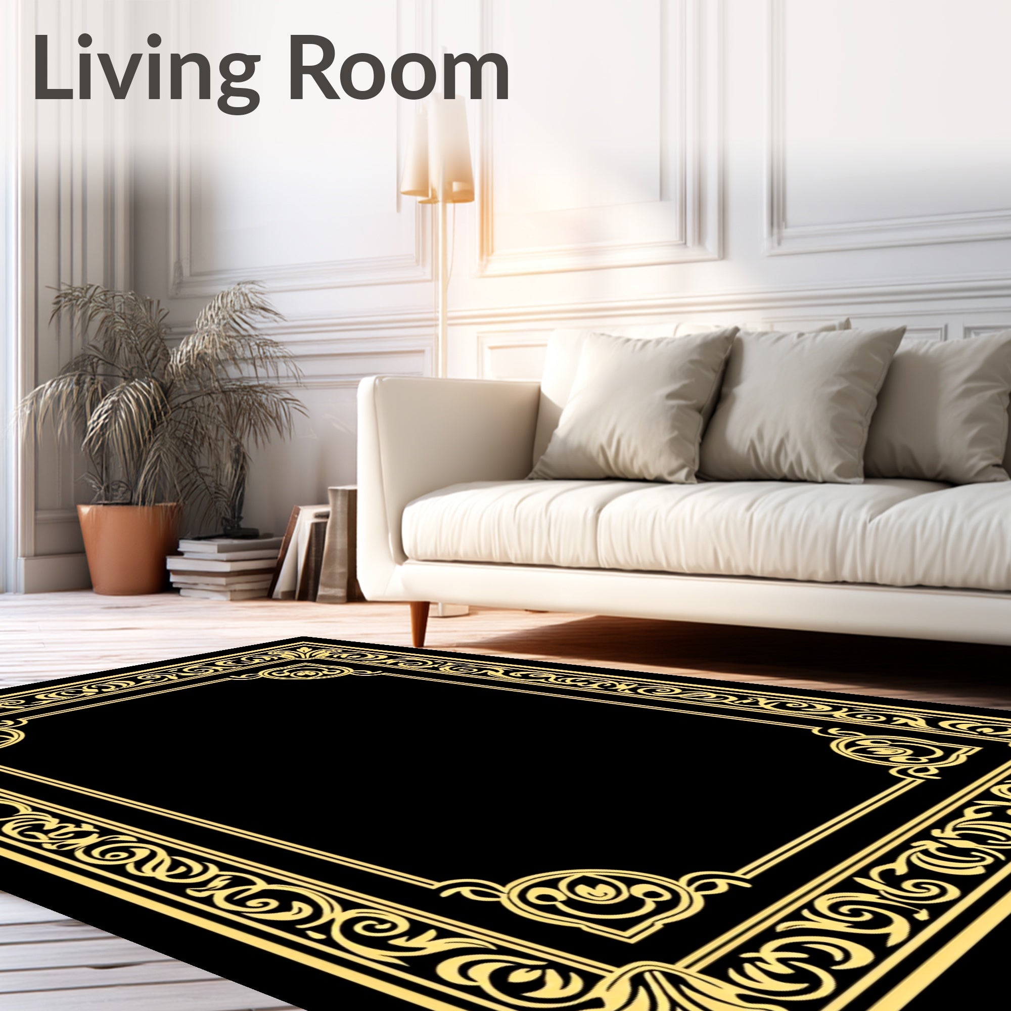 Ornate Gold Scrollwork Border Rug