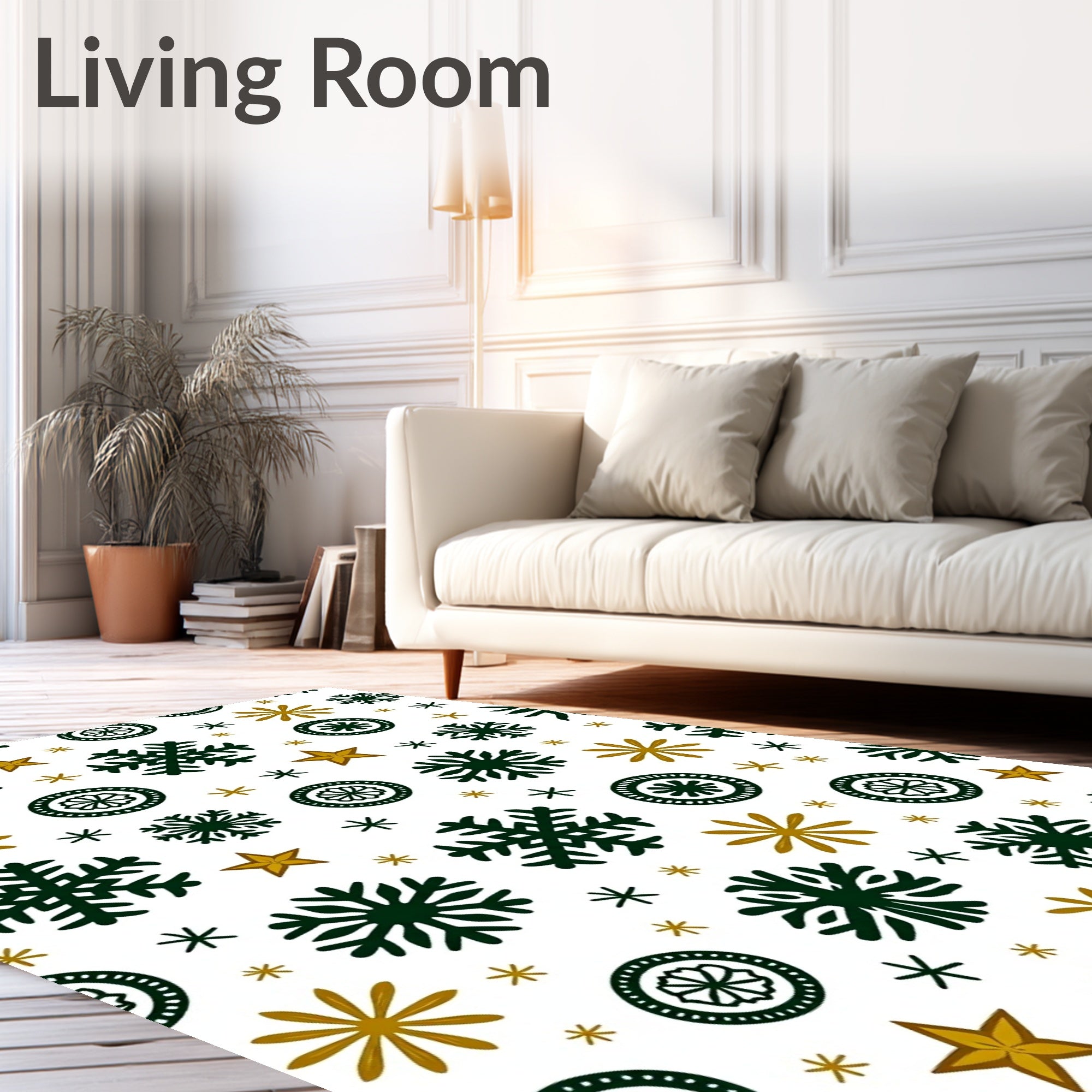 Dark Green Gold Snowflake Star Scatter Rug