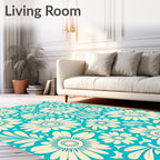 Aqua White Floral Daisy Medallions Rug