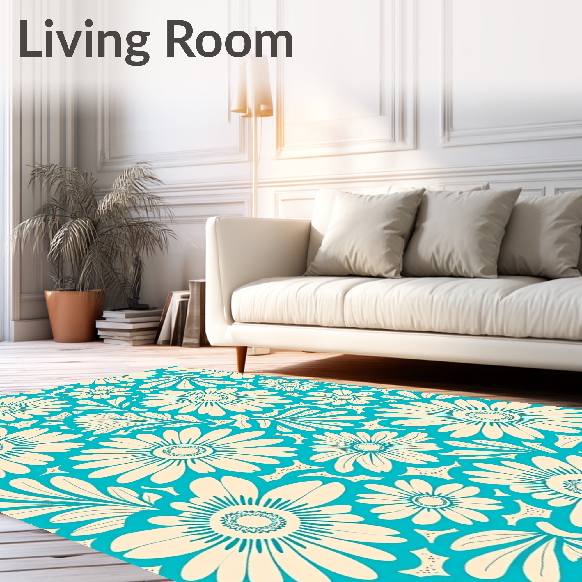 Aqua White Floral Daisy Medallions Rug
