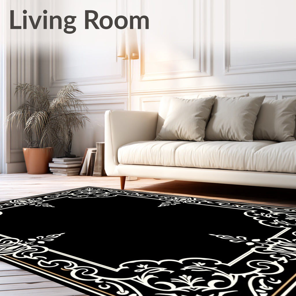 Elegant Black White Floral Border Rug